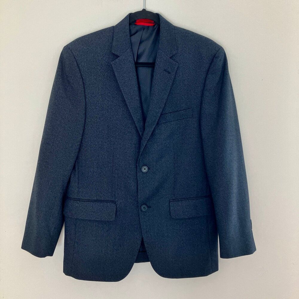 Alfani Mens Blazer Sport Coat Blue Black Micro Houndstooth Slim Fit 38S